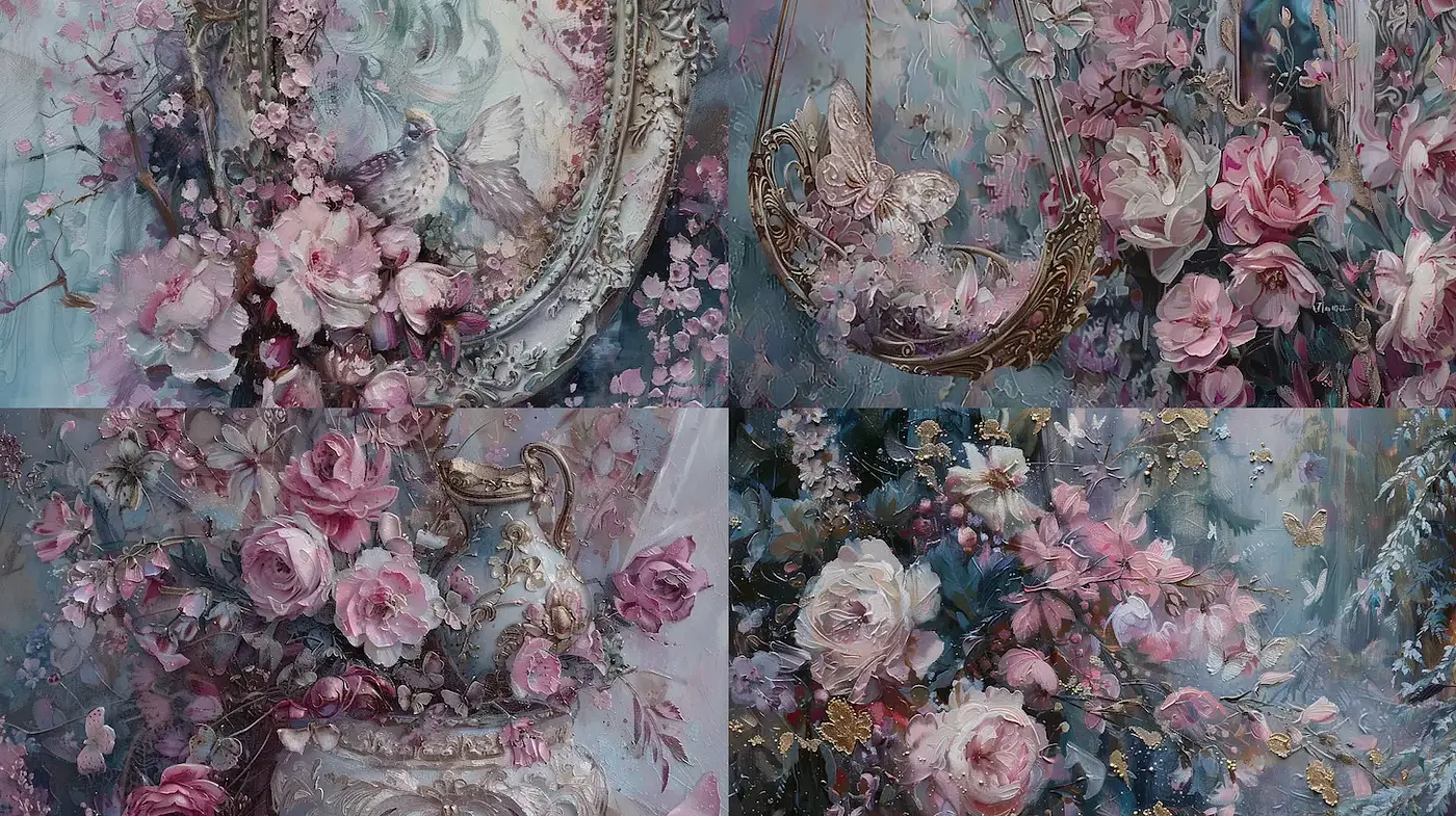 Delicate Floral Elegance with Vintage Charm and Romantic Atmosphere - Midjourney sref style