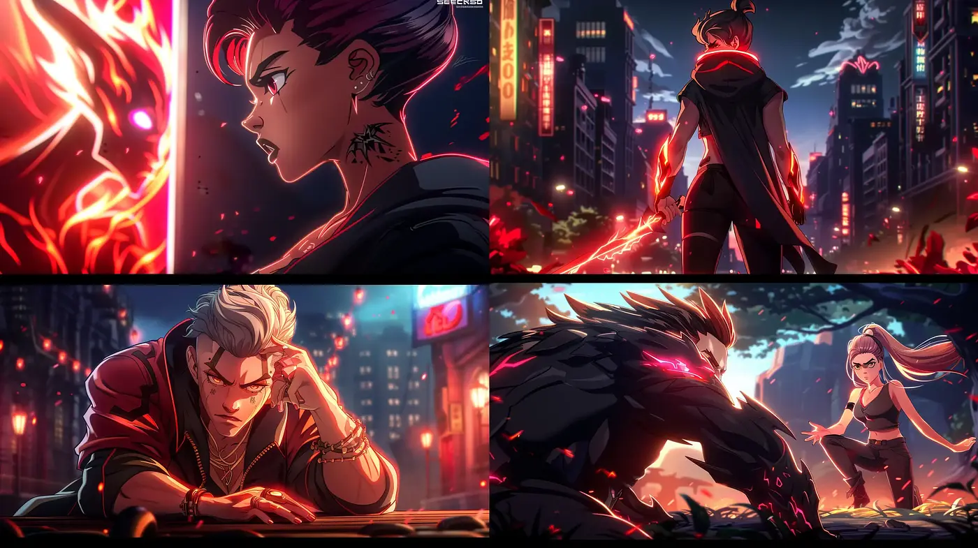 Crimson Nocturne: Anime Noir in an Urban Fantasia - Midjourney sref style