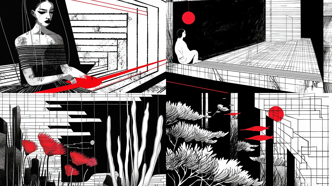 Monochromatic Elegance with Surreal Red Accents - Midjourney sref style