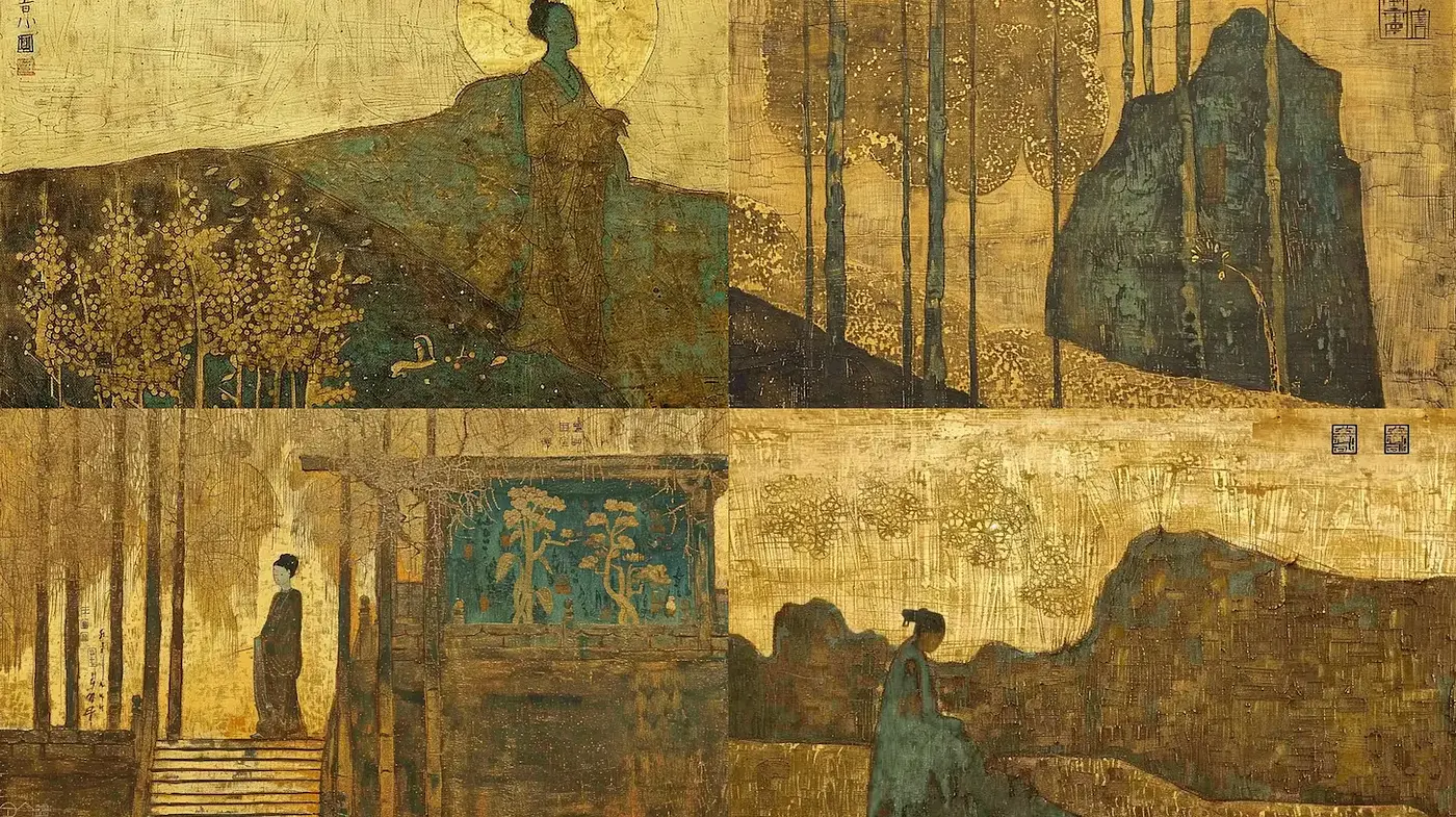 Golden Textured Landscapes with Ethereal Figures - Midjourney sref style