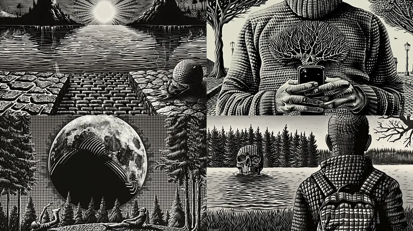 Monochromatic Surrealism with Hint of Nature and Mystery - Midjourney sref style