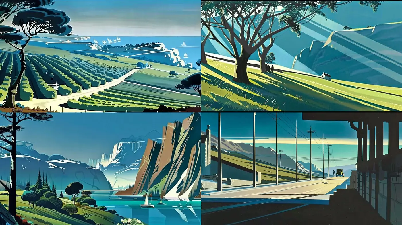 Stylized Geometric Landscape Art with a Modernist Influence and Serene Palette - Midjourney sref style