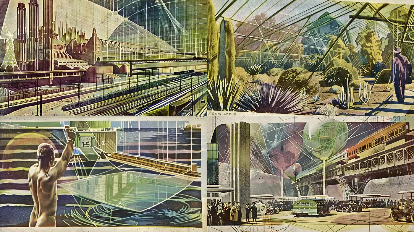 Futuristic Retro-Industrial Visions with Vivid Color Contrasts - Midjourney sref style