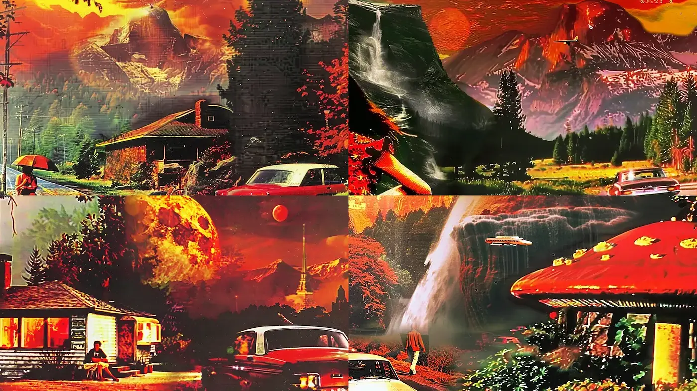 Vibrant Retro Landscapes with Surreal Elements - Midjourney sref style