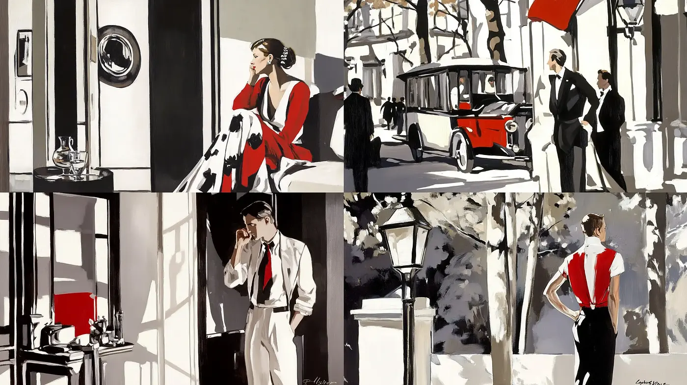 Bold Contrasts and Simplified Elegance: A Contemporary Homage to the Graphic Novel Style - Midjourney sref style