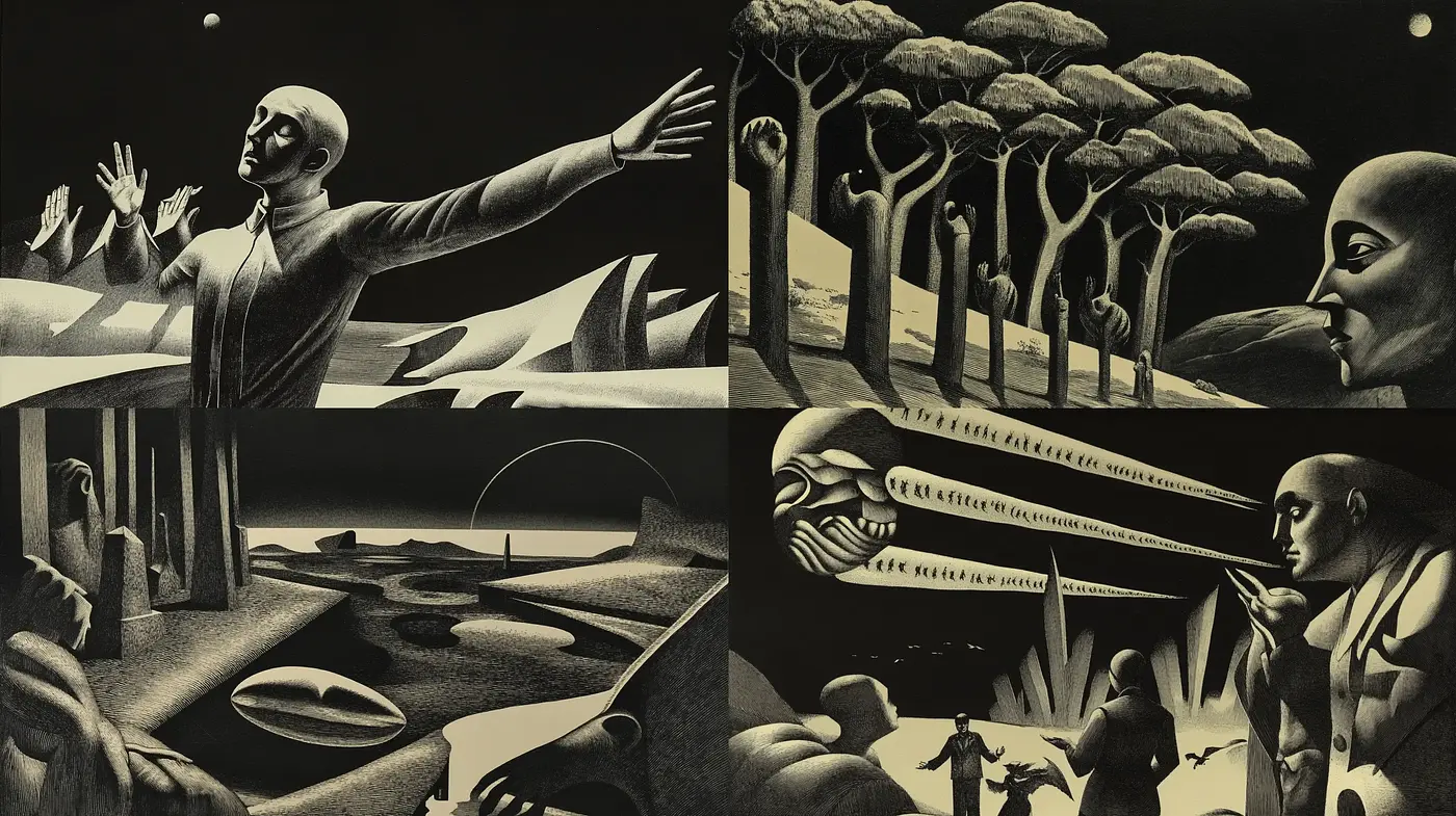 Monochromatic Surreal Visions with a Dreamlike Essence - Midjourney sref style