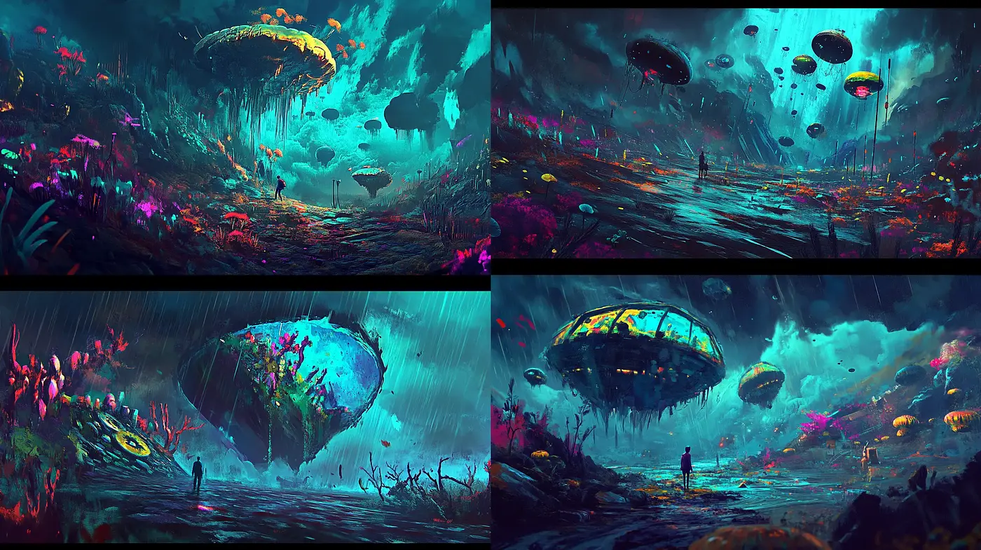 Surreal Sci-Fi Dreamscape with a Neon Palette and Textured Ambiance - Midjourney sref style