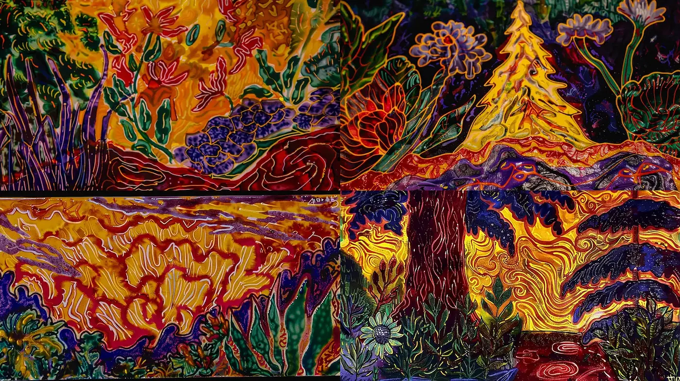 Vibrant Organic Landscapes with Textured Patterns and Whimsical Elements - Midjourney sref style