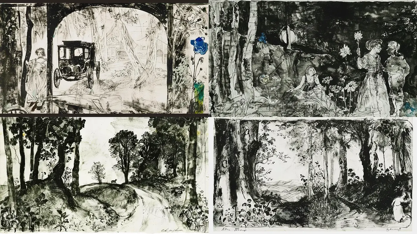 Ethereal Monochrome Visions with Whimsical Flora - Midjourney sref style