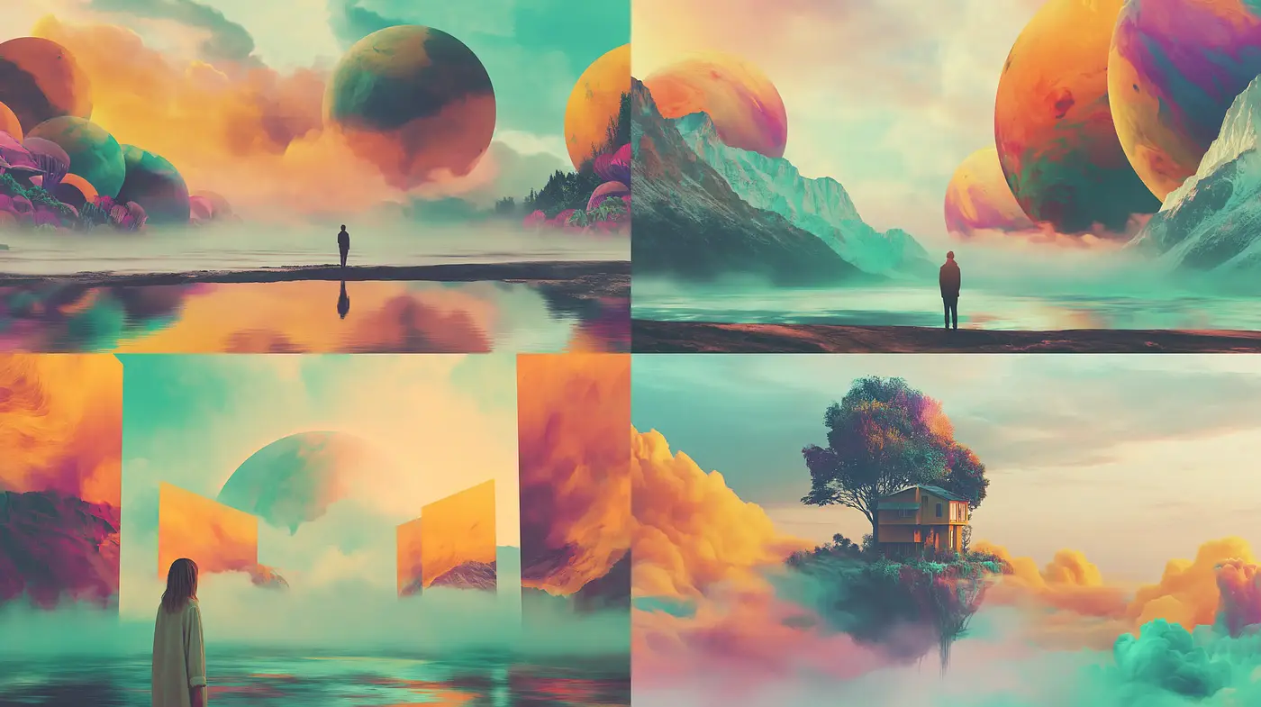 Surreal Dreamlike Landscape with a Cosmic Aesthetic - Midjourney sref style