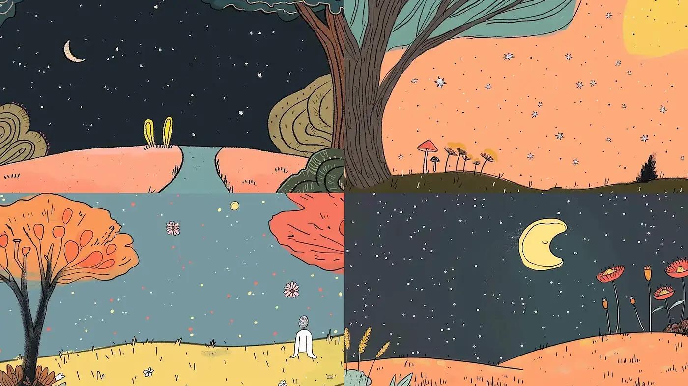Whimsical and Dreamy Illustrative Style with Consistent Elements - Midjourney sref style