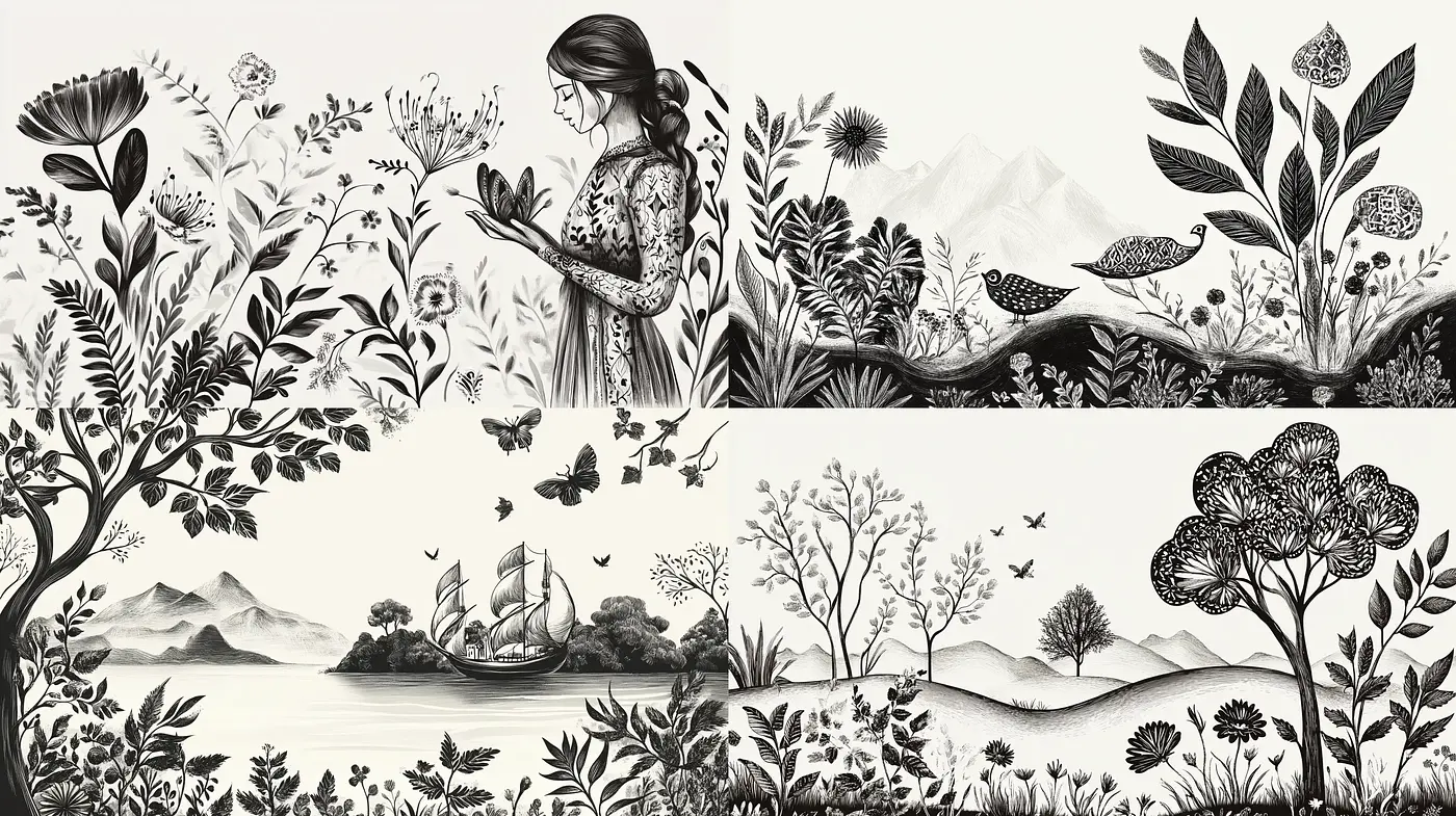 Monochromatic Botanical Dreamscapes with Ethereal Rhythms - Midjourney sref style