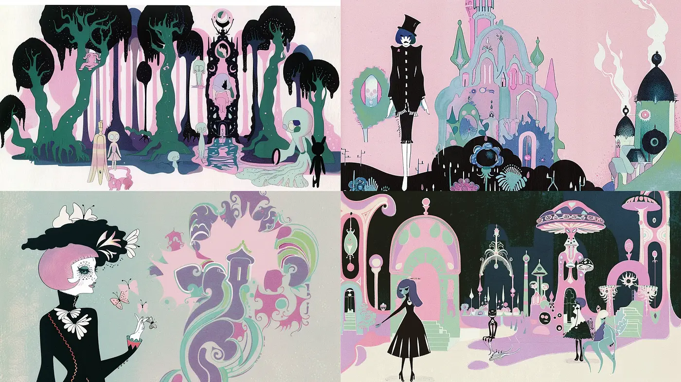 Whimsical Gothic Fusion with Pastel Storybook Charm - Midjourney sref style