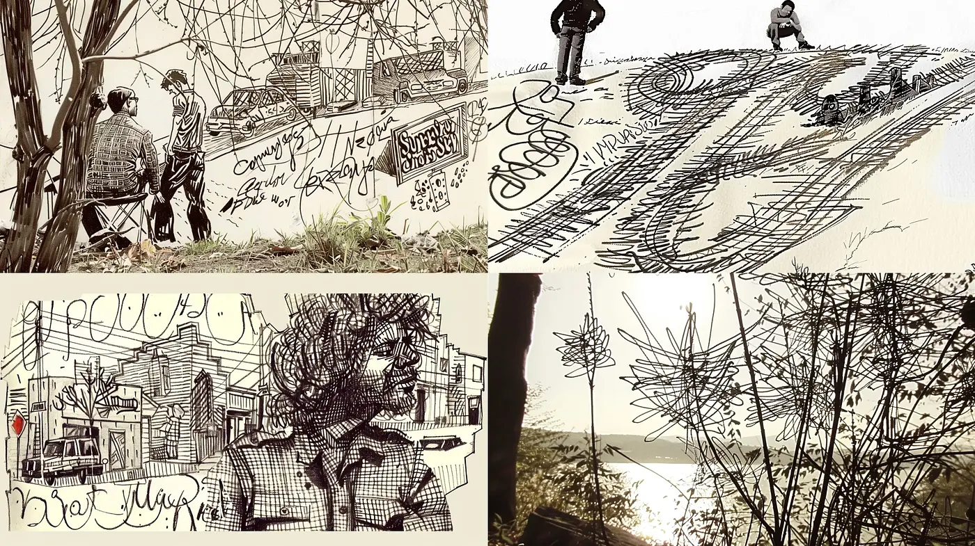 Ink-drawn Narratives with Monochromatic Urban Impressions - Midjourney sref style