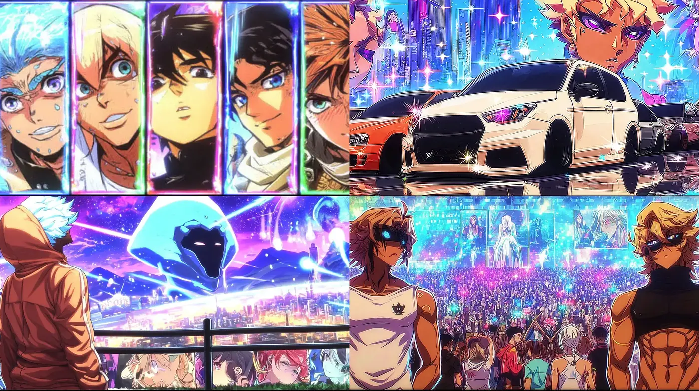 Vibrant and Dynamic Futuristic Anime with Multicolored Urban Elements - Midjourney sref style