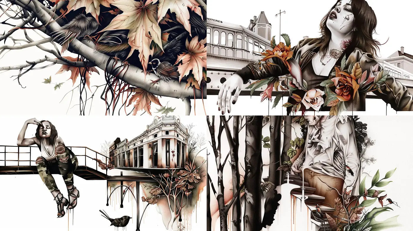 Elegant Monochromatic Fusion with Botanical Accents - Midjourney sref style