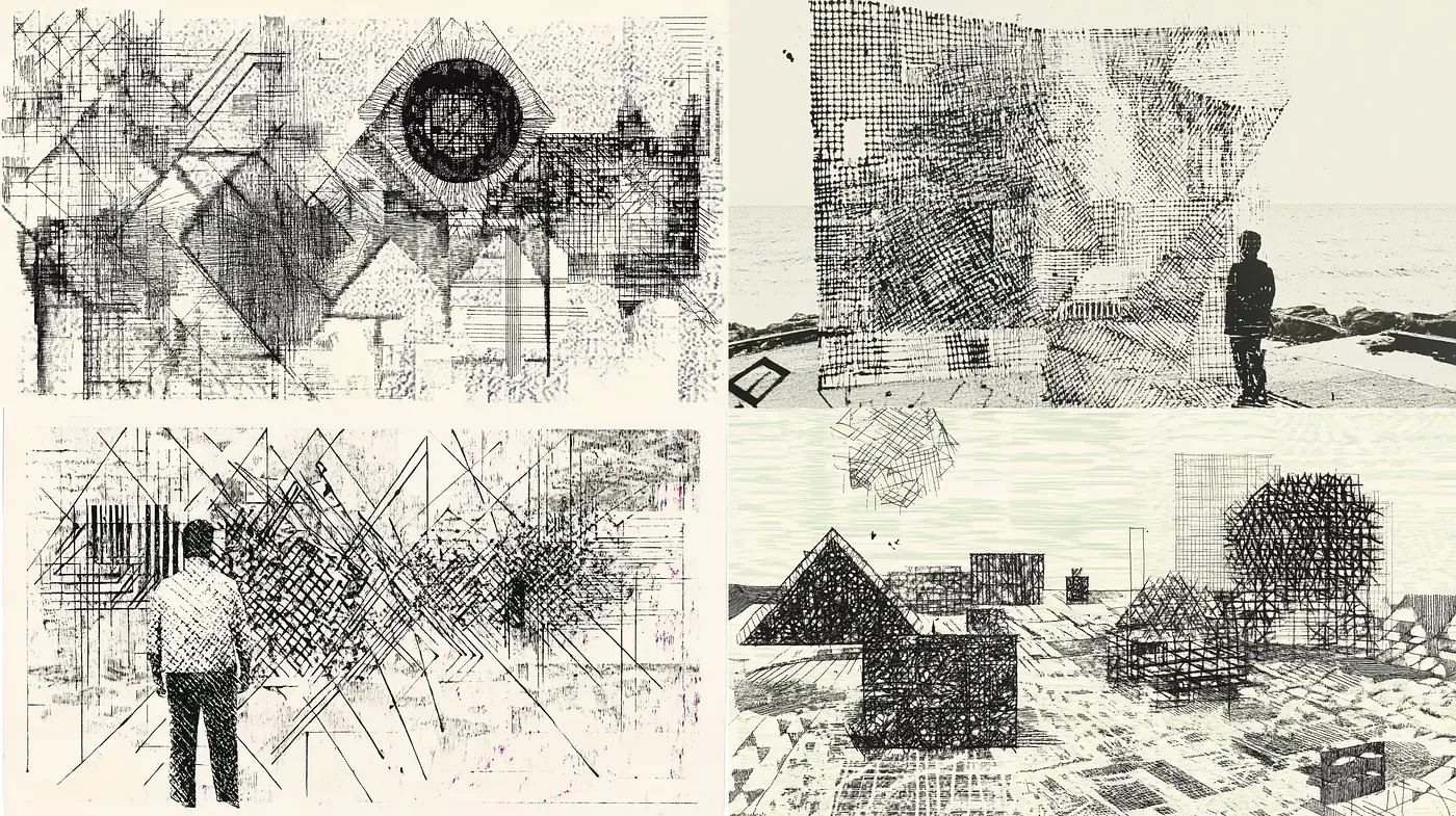 Geometric Abstraction in Monochromatic Etching Style - Midjourney sref style