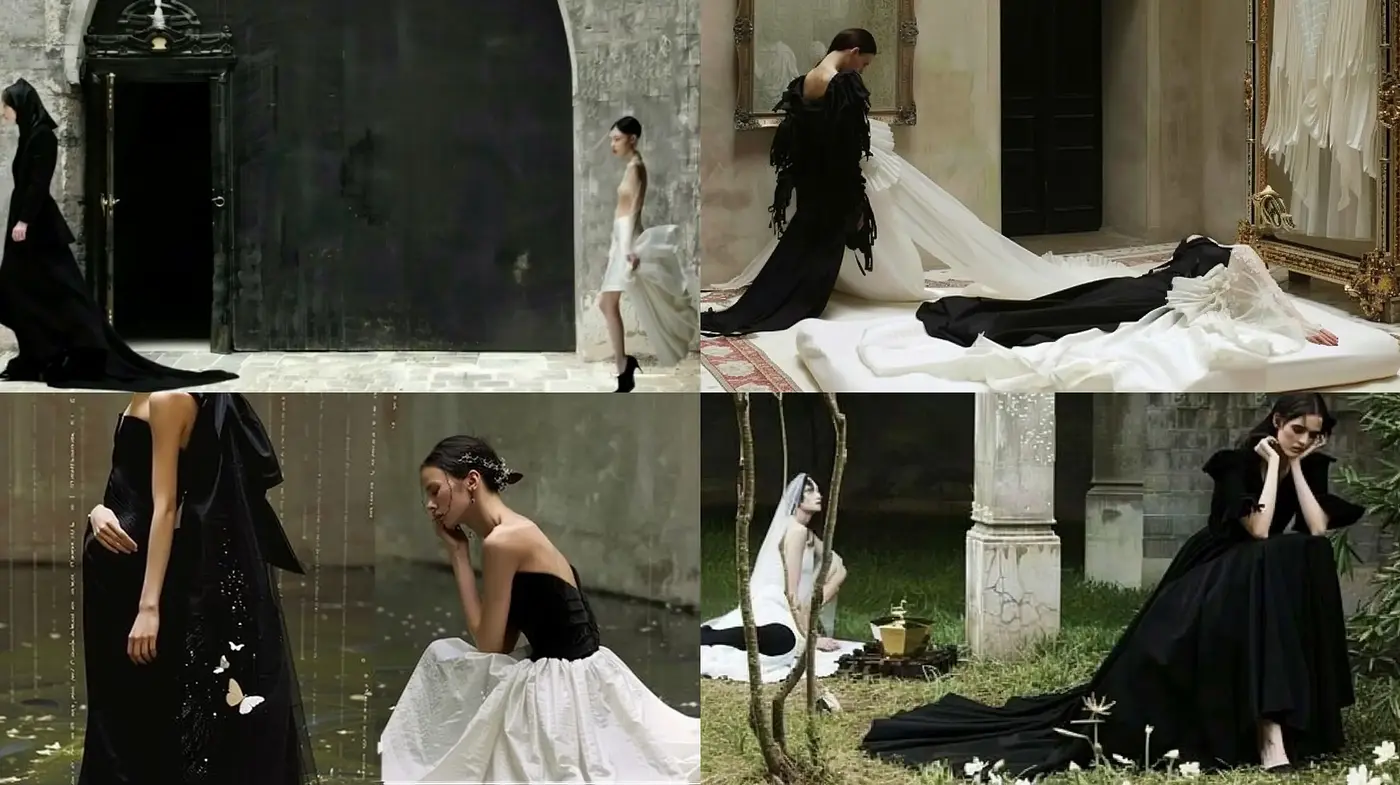 Ethereal Elegance in Monochromatic Vintage: A Study in High Fashion Photography - Midjourney sref style