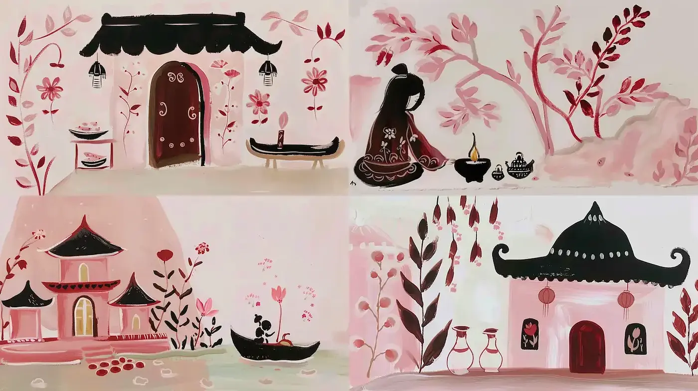 Whimsical Blush Tones in Stylized Folksy Scenes - Midjourney sref style
