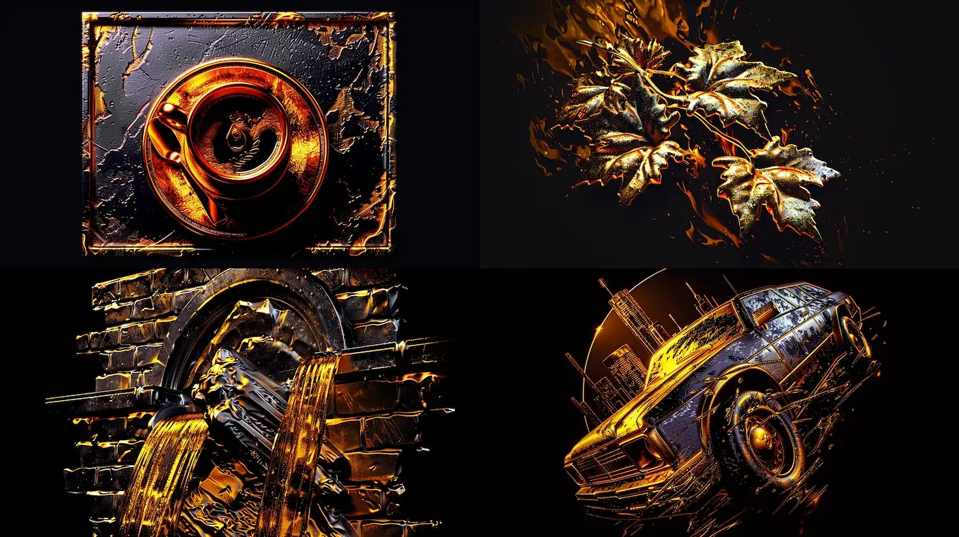 Dynamic and Textured Golden Realism with Organic and Industrial Elements - Midjourney sref style