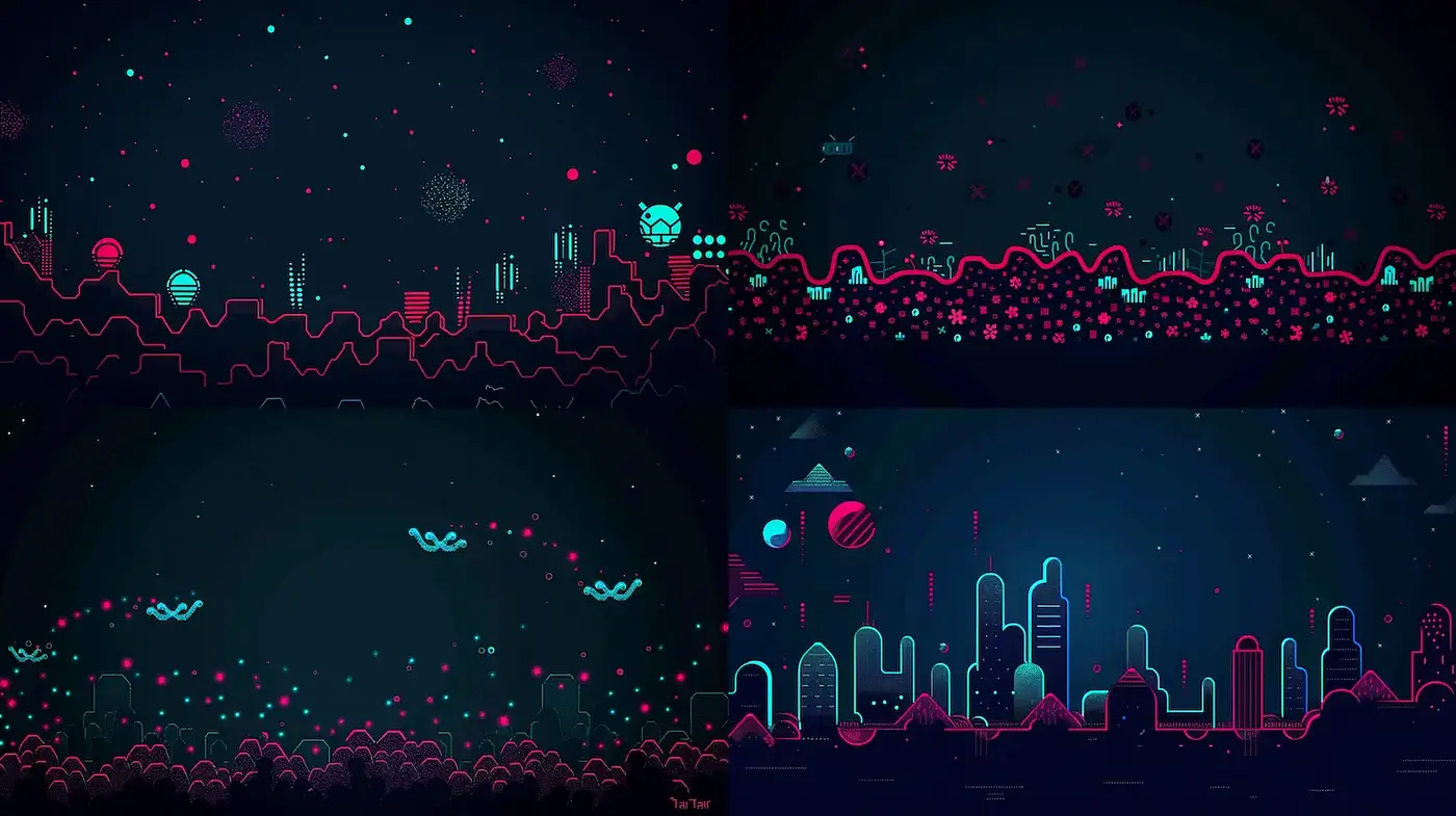 Futuristic neon landscape with playful elements - Midjourney sref style