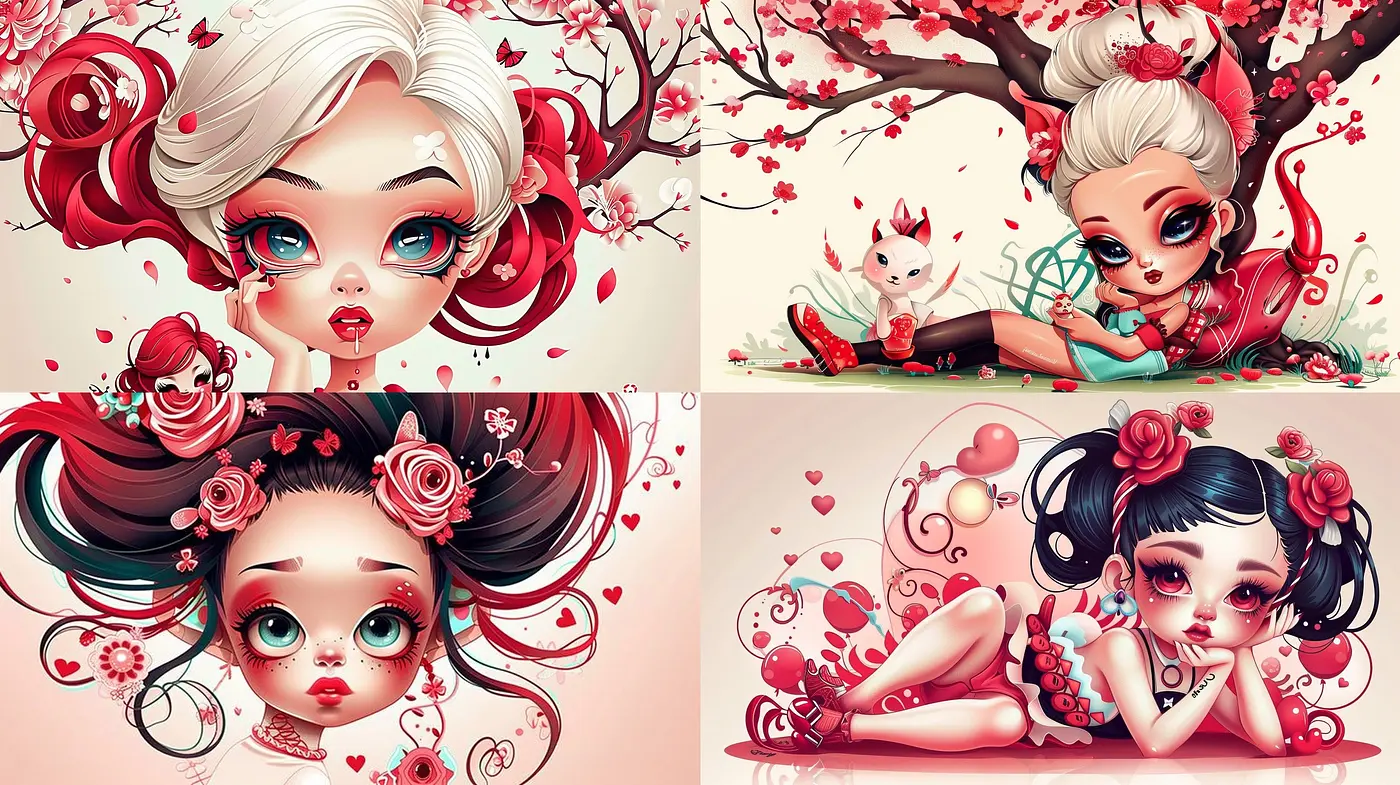 Whimsical Fantasy in Blossom - A Vibrant Harmony of Stylized Florals and Expressive Characters - Midjourney sref style