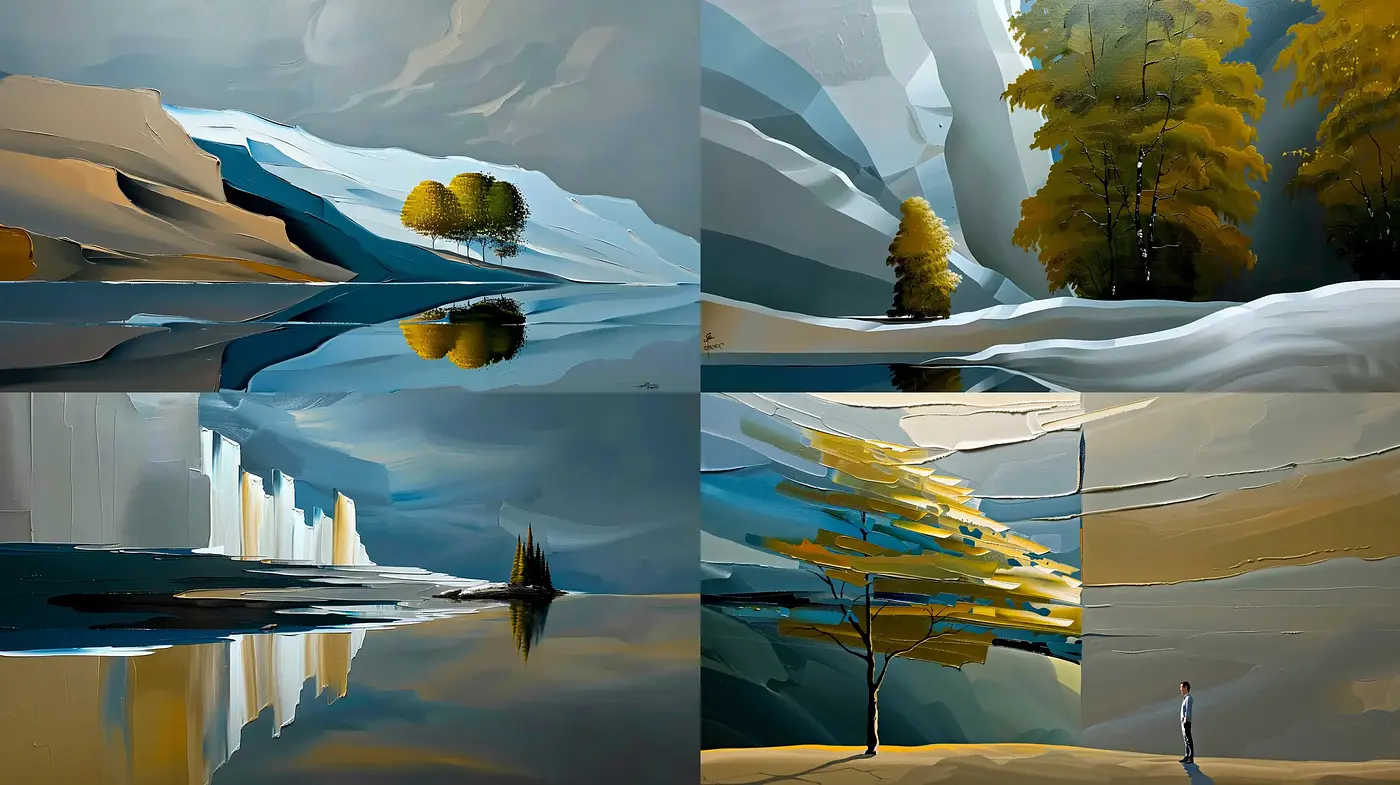Serene Reflected Landscapes in Stylized Geometric Abstraction - Midjourney sref style