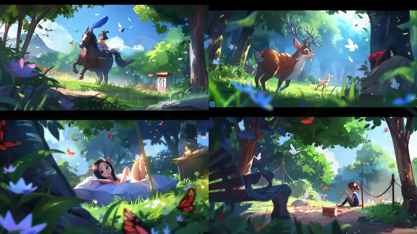 Whimsical and Lush Nature Scene with Playful Elements - Midjourney sref style