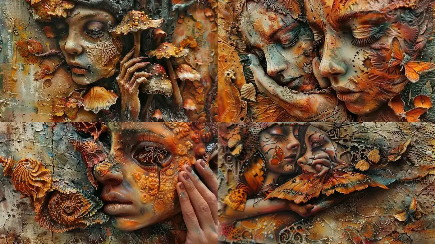 Surreal and intricate nature-inspired art blending human forms and organic elements - Midjourney sref style