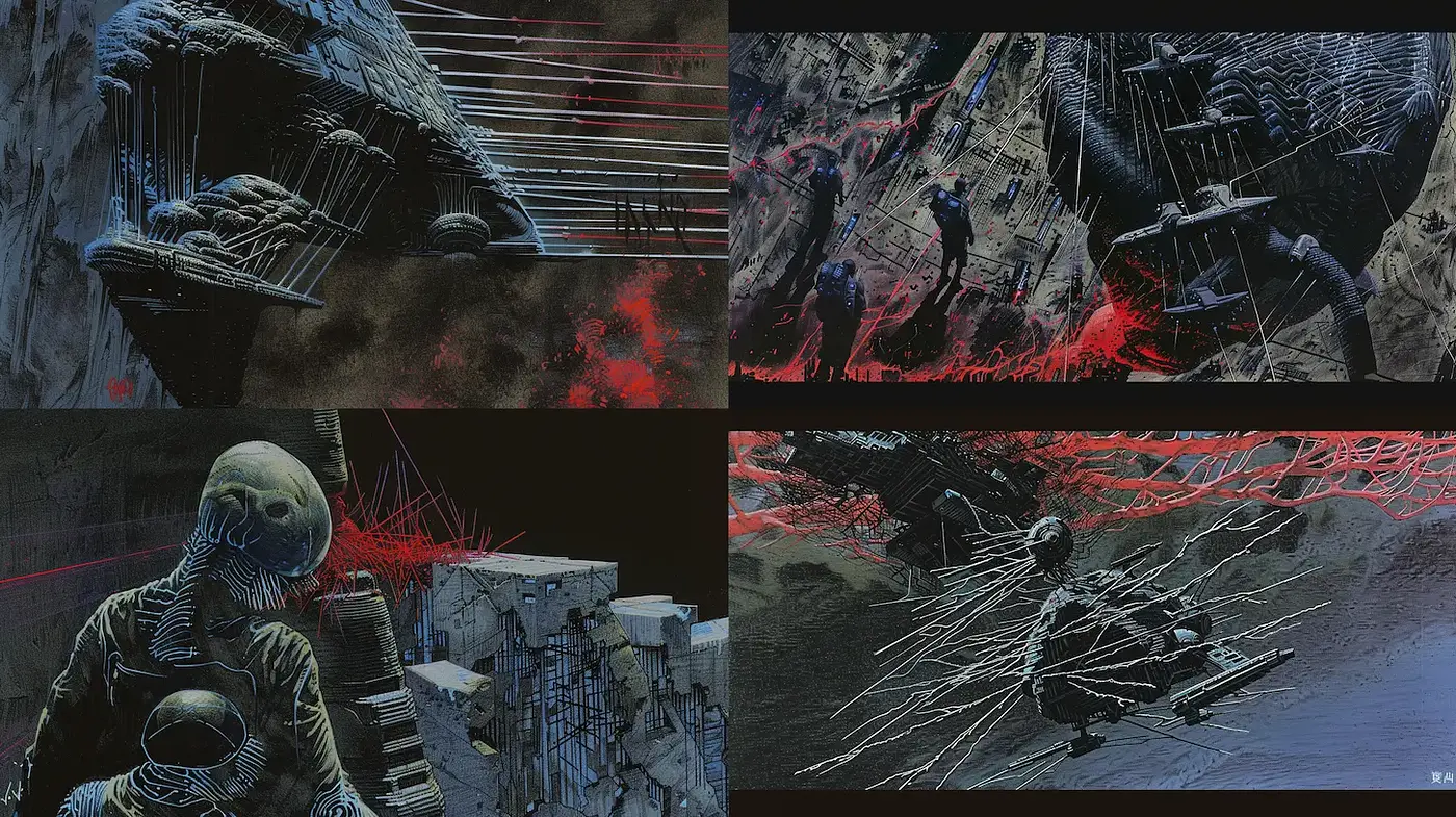 Futuristic and abstract depictions embodying a sense of unease and tension - Midjourney sref style