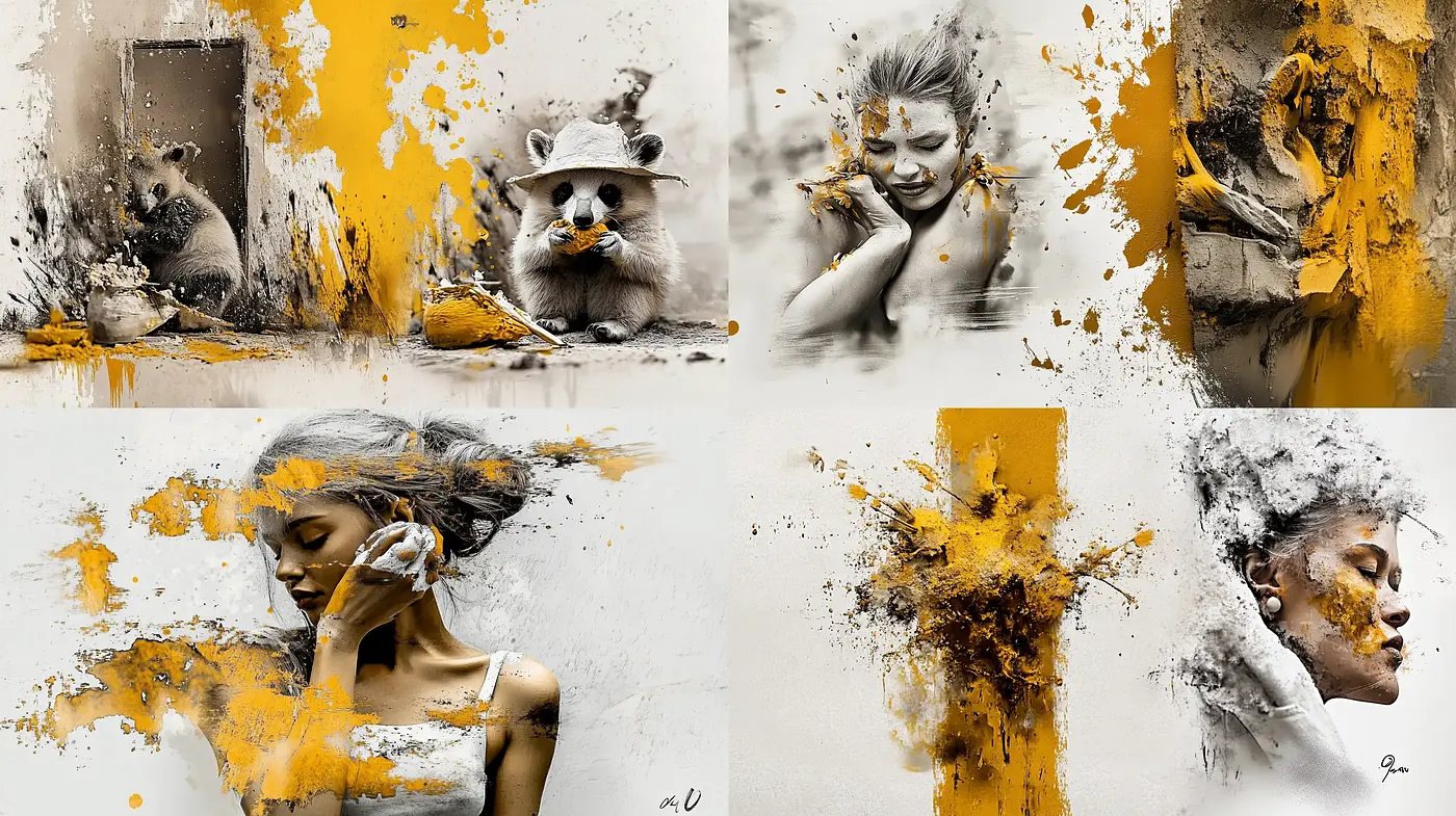 Abstract Splashes of Saffron and Slate: A Fusion of Color and Emotion - Midjourney sref style