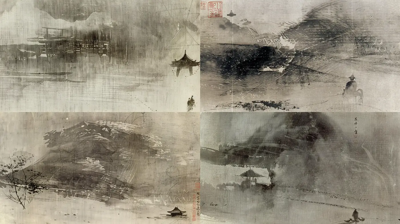 Ethereal Monochrome Vistas: A Homage to Traditional East Asian Ink Wash Painting - Midjourney sref style