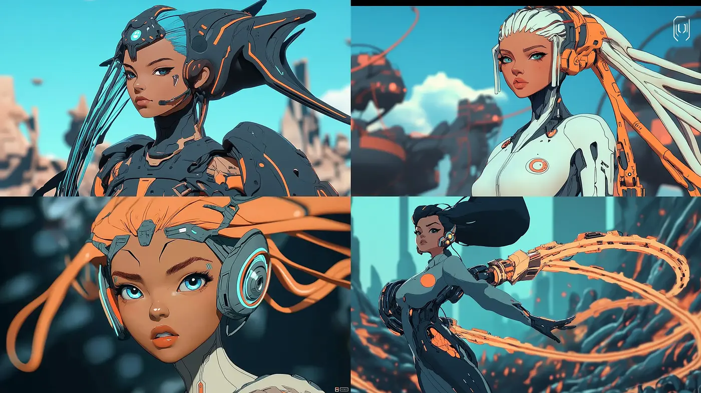 Futuristic Character Concept Art with Vibrant Cybernetic Essence - Midjourney sref style