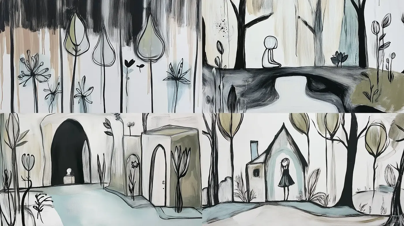 Whimsical Monochromatic Illustrations with Subtle Colors - Midjourney sref style