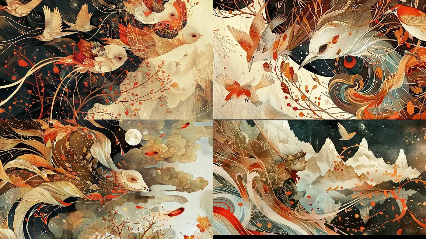 Ethereal Autumn Fauna Fusion with Art Nouveau Whimsy - Midjourney sref style