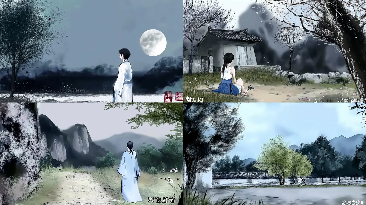 Tranquil Ink-Wash Landscape Visions with Monochromatic Harmony - Midjourney sref style