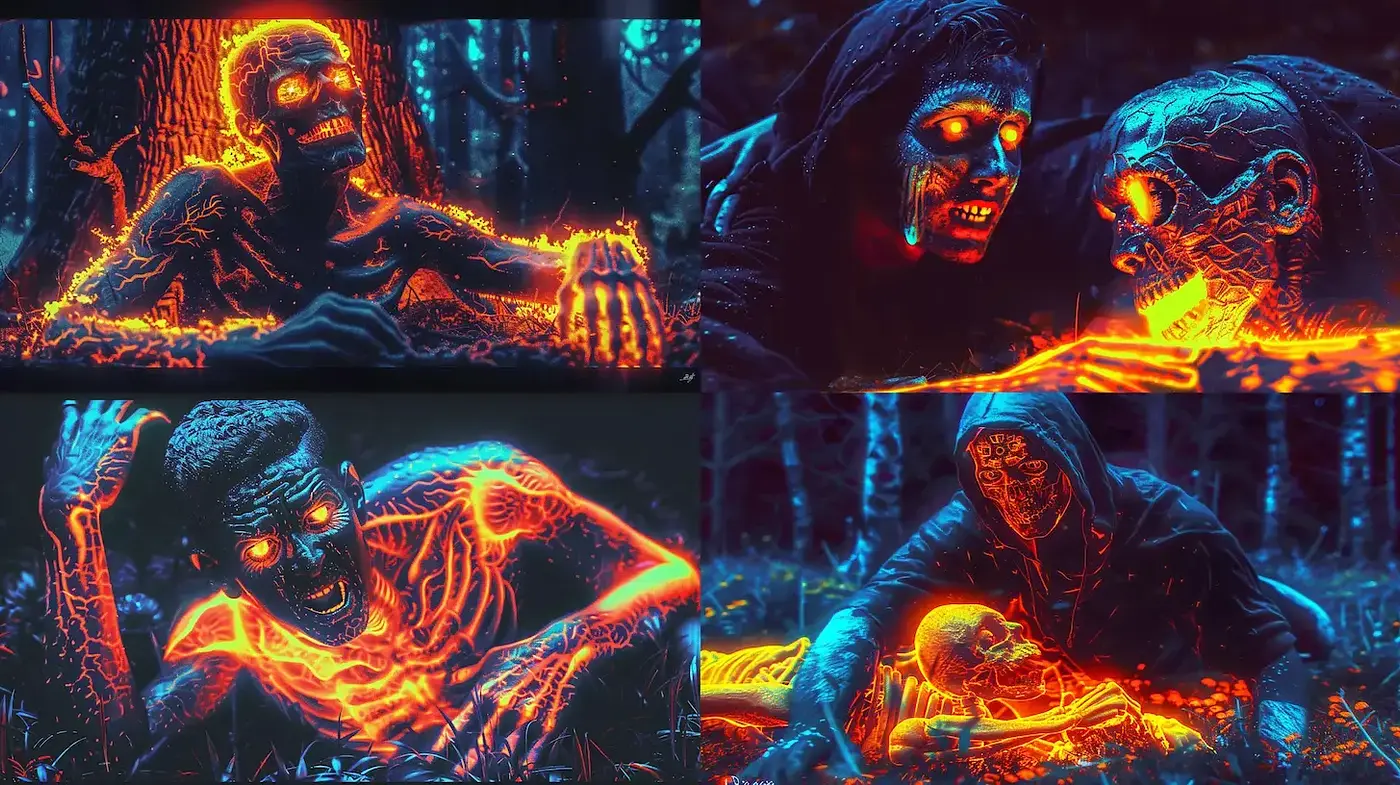 Vividly Glowing Undead in a Dark Forest with a Surreal Touch - Midjourney sref style