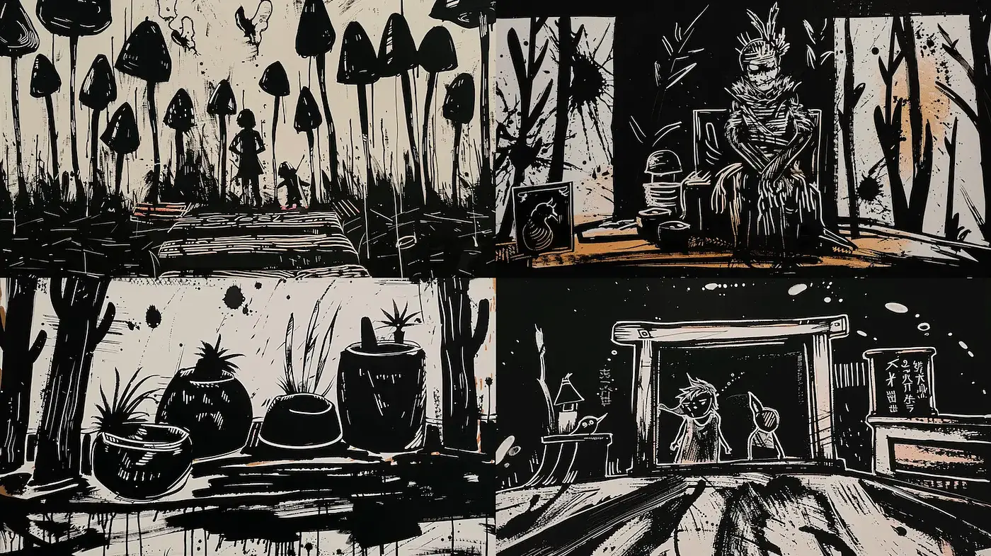 Contrasting Ink Illustrations with Surreal Elements and Monochrome Palette - Midjourney sref style