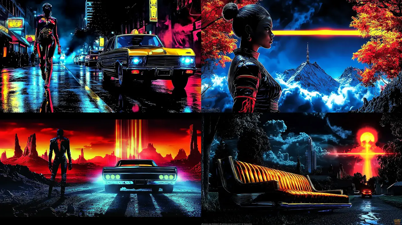 Neon-Noir Dreamscape: A Synthesis of Nighttime Luster and Retro-Futuristic Aesthetics - Midjourney sref style