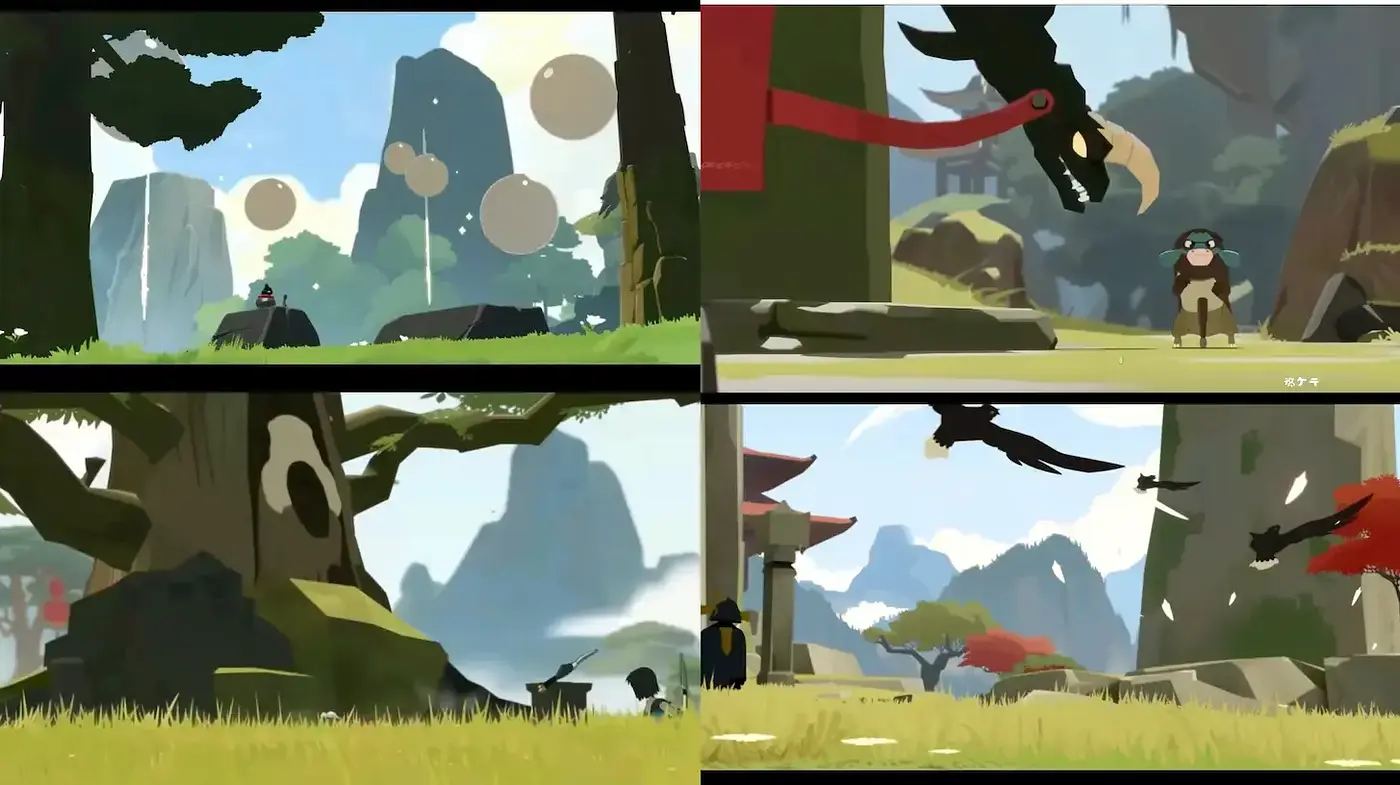 Serene Landscapes with Stylized Characters and Nature Elements - Midjourney sref style
