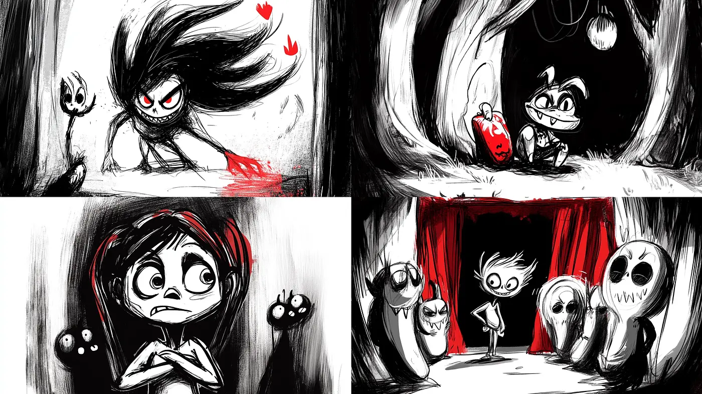 Whimsical Monochrome Shadows: A Journey Through Stylized Noir Expression - Midjourney sref style