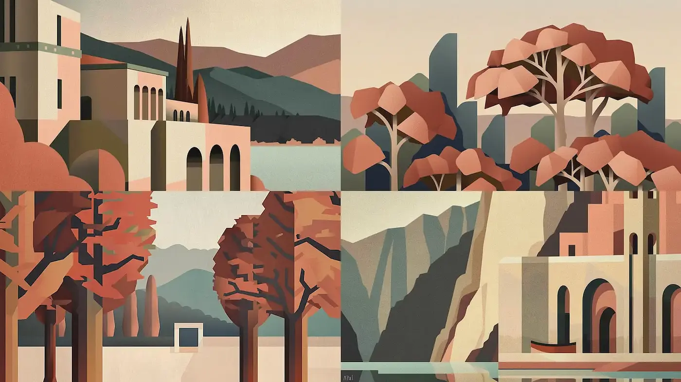 Harmonious Blend of Geometric Composition and Earthy Tones in a Retro Landscape Aesthetic - Midjourney sref style