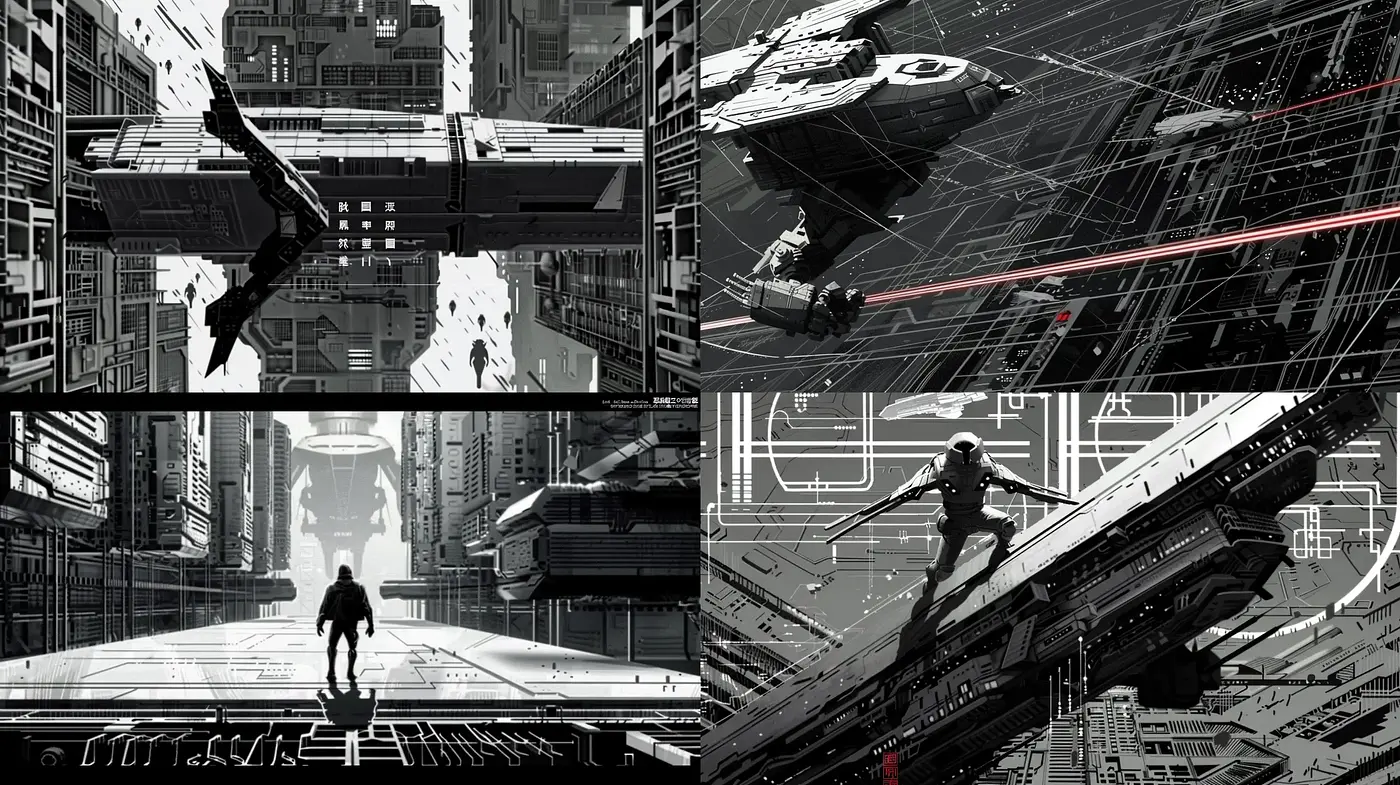Monochromatic Futuristic Cityscape with Dynamic Angles and Shadows - Midjourney sref style