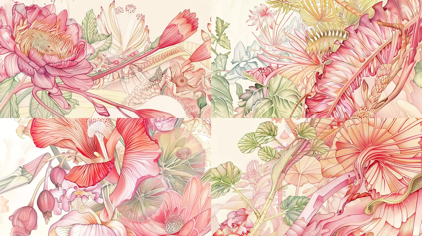 Botanical Elegance with Pastel Infusion and Line Art Harmony - Midjourney sref style