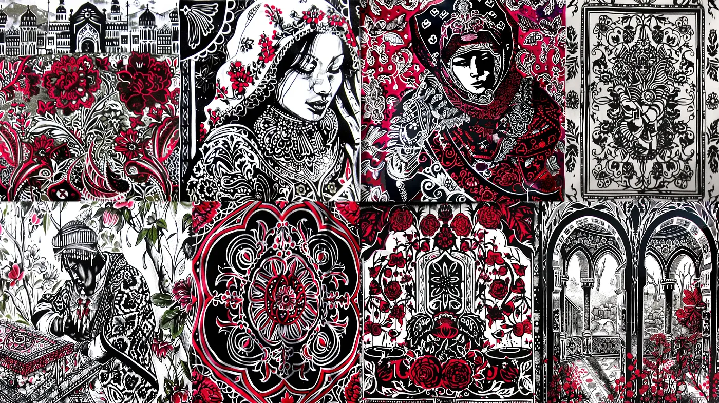 Monochromatic Elegance of Stylized Florals and Victorian Gothic - Midjourney sref style