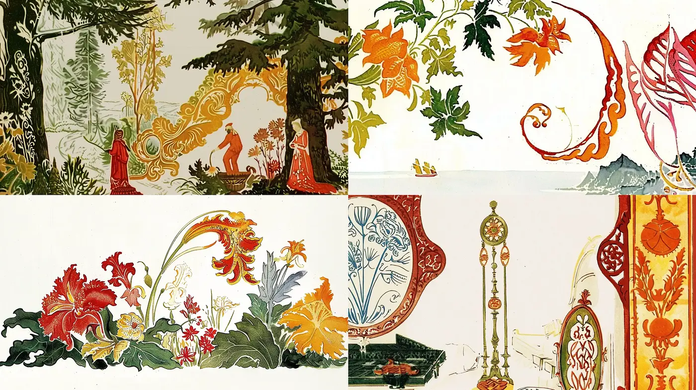 Ornate Botanical Tapestry: A Fusion of Flora and Art Nouveau Elegance - Midjourney sref style