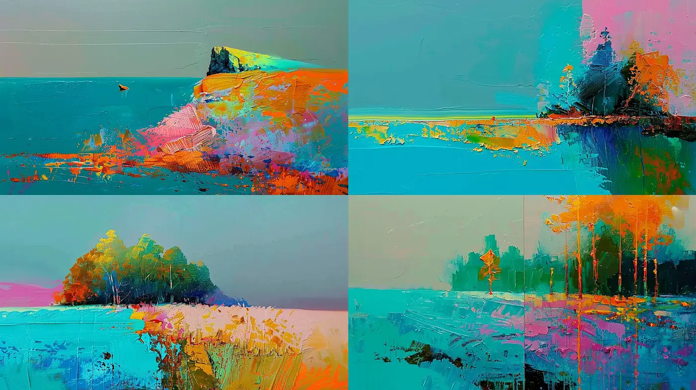 Contemporary Abstract Expressionist Landscapes in Electric Blues and Vibrant Oranges - Midjourney sref style