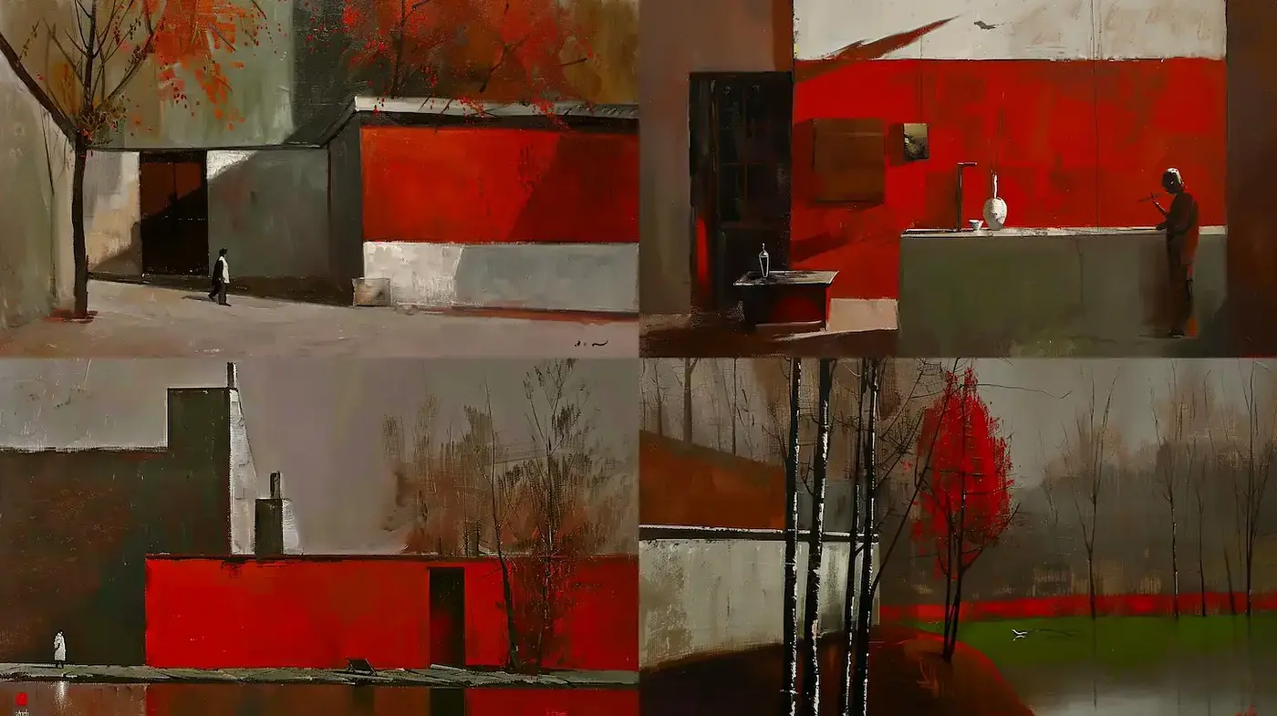 Contemporary Architectural Harmony with Minimalist Expressions and Vibrant Accents - Midjourney sref style