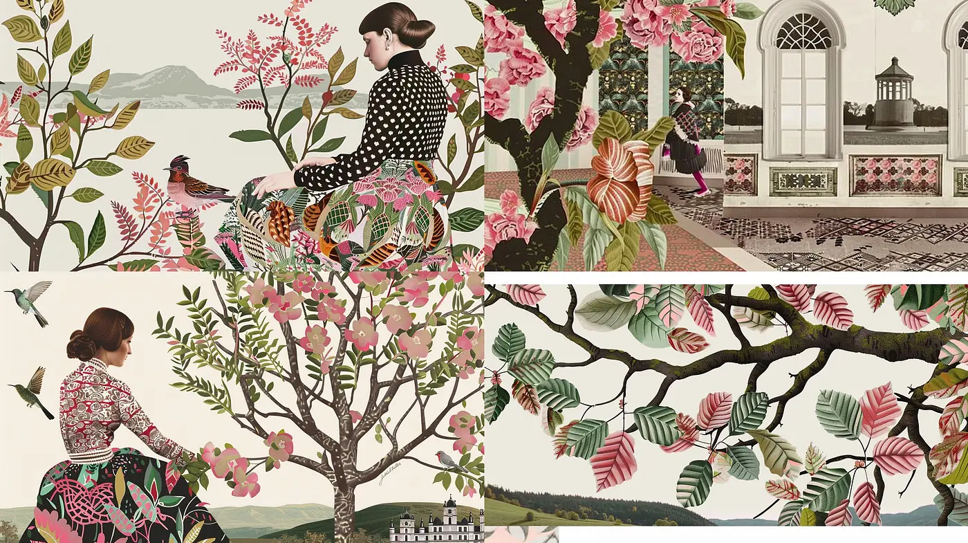 Harmonious Botanical Elegance: A Fusion of Vintage Florals and Pastoral Vistas - Midjourney sref style