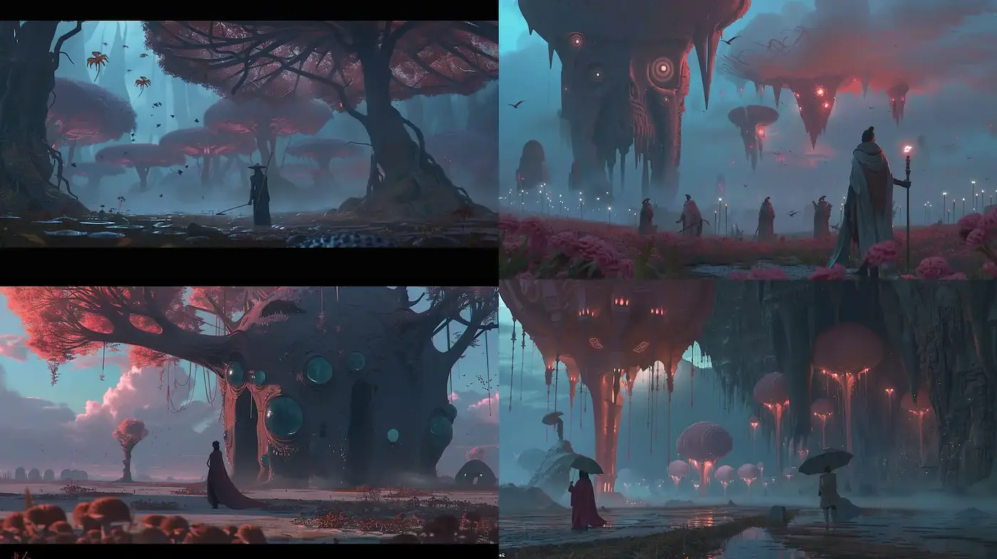 Surreal landscapes with ethereal color schemes and organic forms - Midjourney sref style